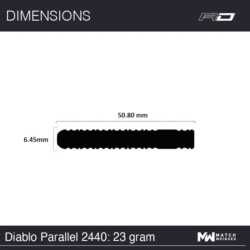 Side view dart barrel silhouette showing 50.80mm length and 6.45mm diameter, ideal for buyers comparing dart barrel sizes.