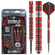 Steel tip tungsten darts set with red and silver grooved barrels, included in retail packaging, close-up on parallel grip, and full dart view