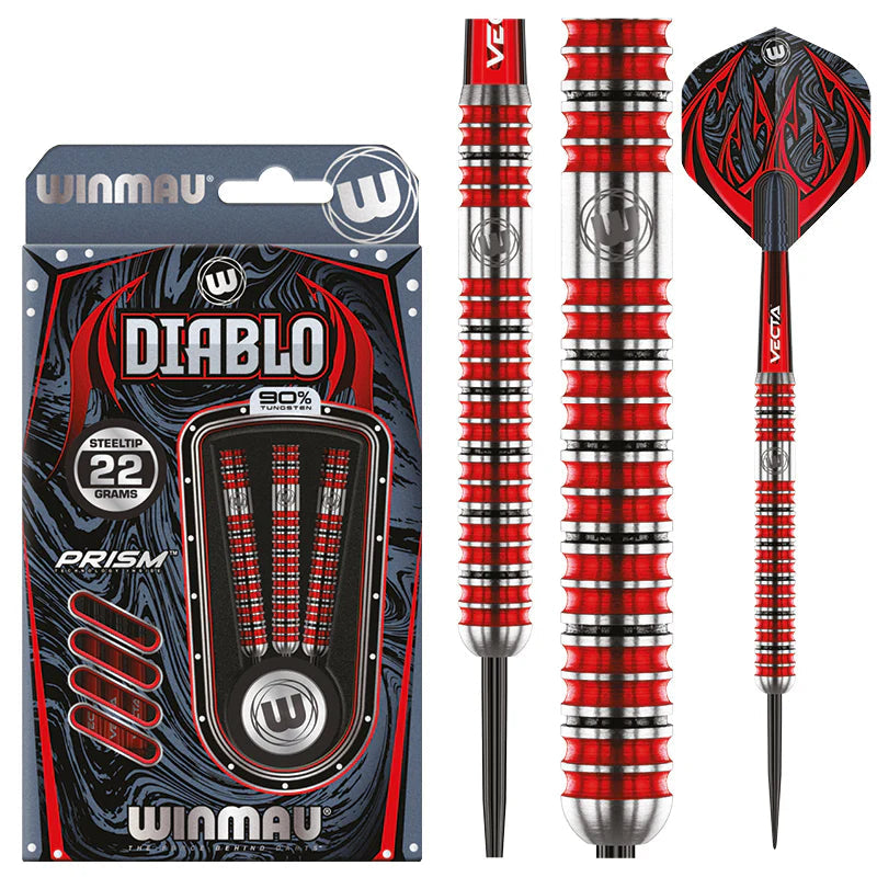 Steel tip tungsten darts set with red and silver grooved barrels, included in retail packaging, close-up on parallel grip, and full dart view