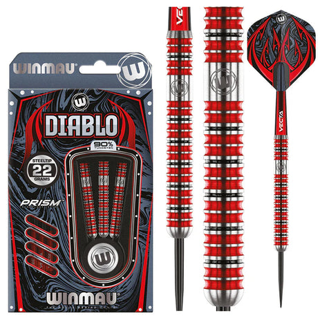 Steel tip tungsten darts set with red and silver grooved barrels, included in retail packaging, close-up on parallel grip, and full dart view