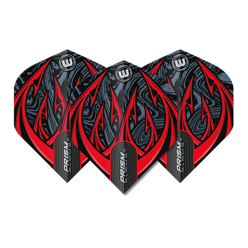 Set of three Diablo Prism Alpha No.2 dart flights with bold red and black flame design, full view on white background