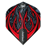 Single No.2 dart flight with bold red and black Diablo Prism Alpha pattern on white background, emphasizing Prism Alpha texture