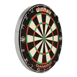 Angled view of Diamond Plus dartboard isolated on white, showing advanced triangular wiring and clear numbering for precision play