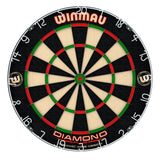 Full top-down view of Diamond Plus dartboard with dynamic wire design, vibrant target zones, and clear number ring on white background