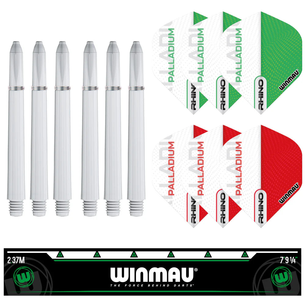 Dart shafts and flights set with six white shafts, six Palladium flights in red and green, plus setup oche strip, isolated on white background
