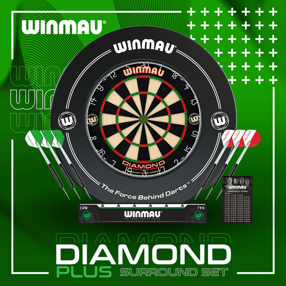 Dartboard surround set full view with diamond board, black surround ring, six darts, checkout card, and oche placed on green background.