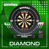 Dartboard surround set full view with diamond board, black surround ring, six darts, checkout card, and oche placed on green background.