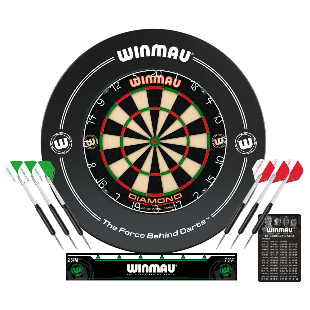 Complete dartboard set with black surround, six darts, checkout card, and oche ruler shown front-facing on white background