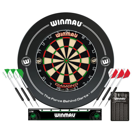 Complete dartboard set with black surround, six darts, checkout card, and oche ruler shown front-facing on white background