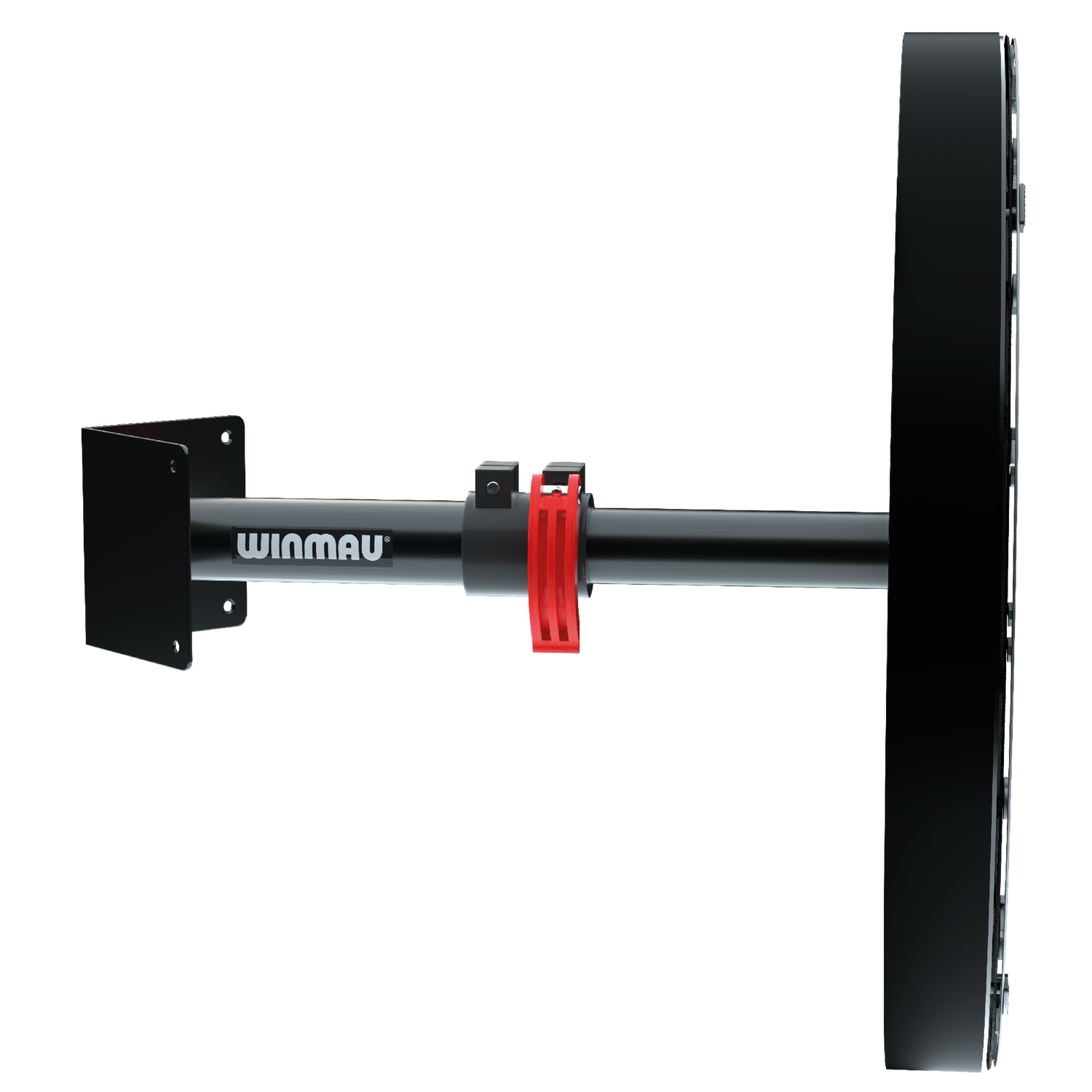 Side view of telescopic dartboard wall bracket with red adjustment collar and black mounting plates, isolated on white background