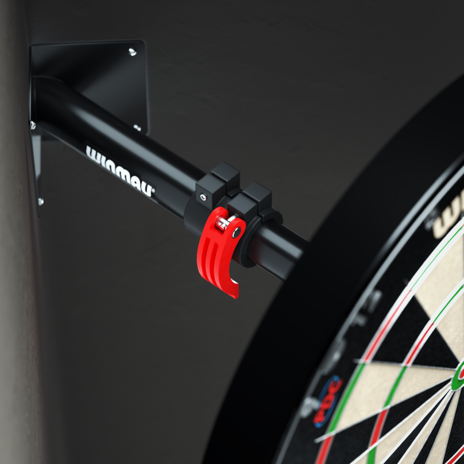 Angled close-up of telescopic wall corner bracket securing a dartboard with red locking clamp and sturdy mounting plate.