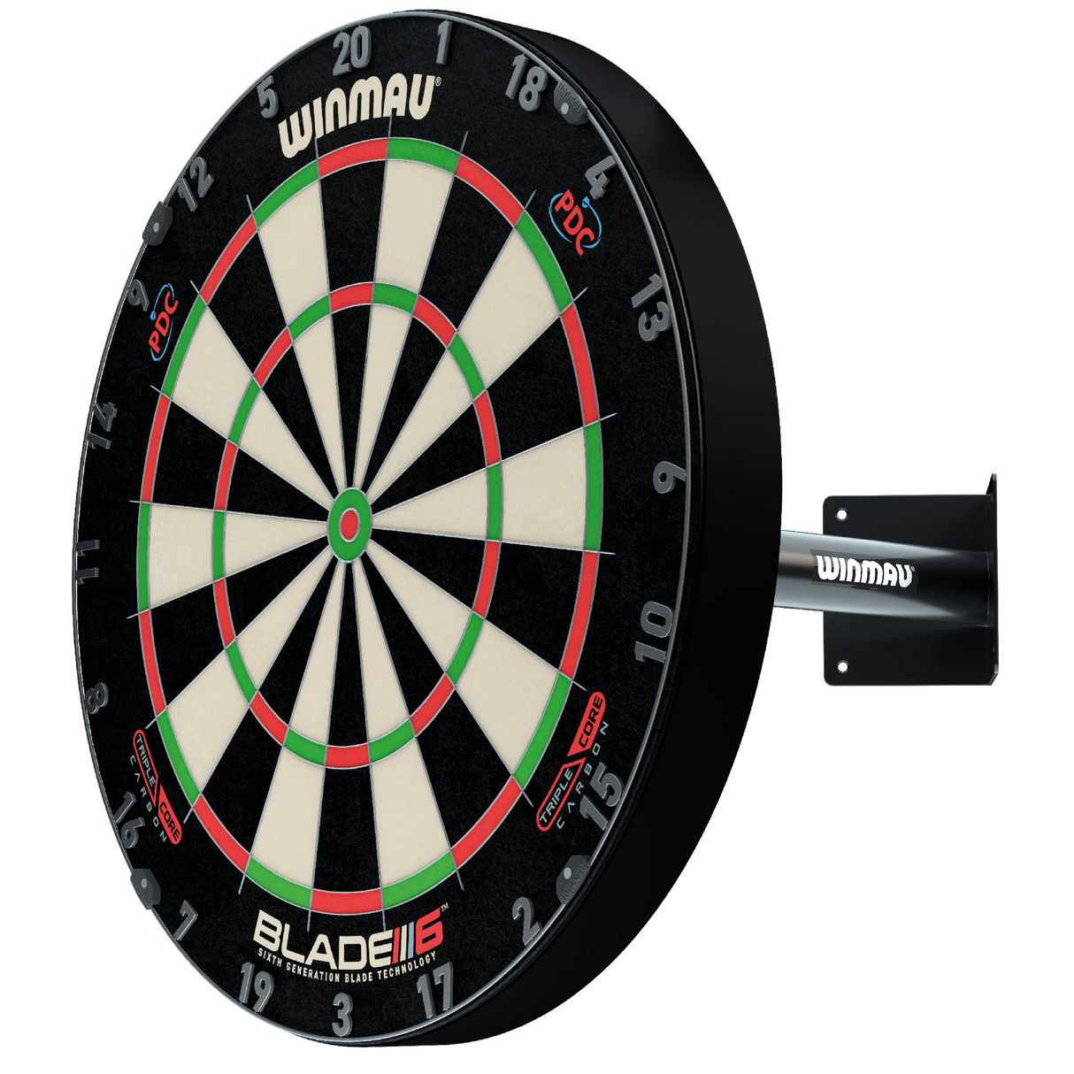 Dartboard mounted on telescopic wall corner bracket, angled view highlighting secure bracket attachment and full board display