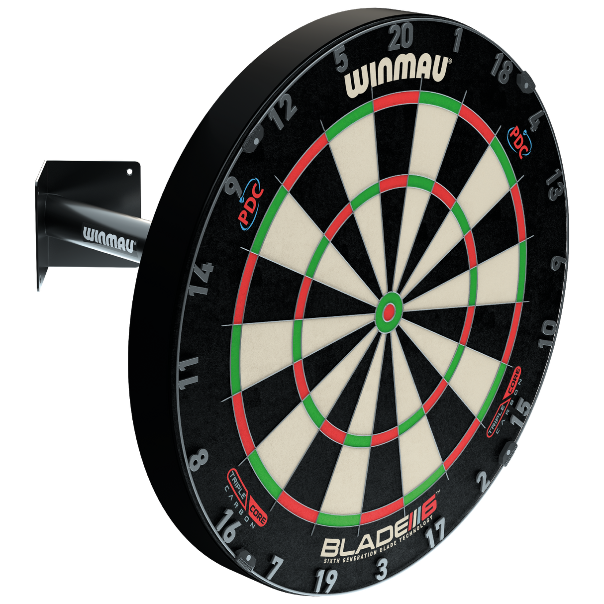 Angled view of dartboard mounted on telescopic wall corner bracket, showing sturdy bracket design for secure dartboard installation