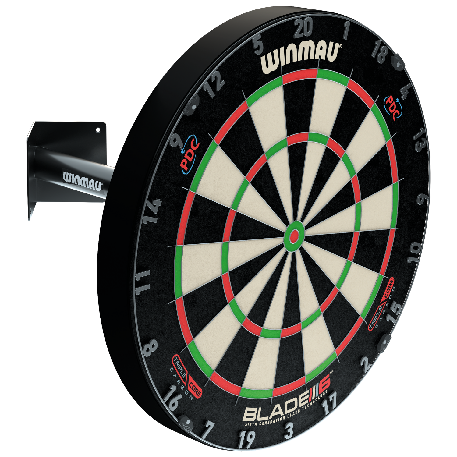 Angled view of dartboard mounted on telescopic wall corner bracket, showing sturdy bracket design for secure dartboard installation