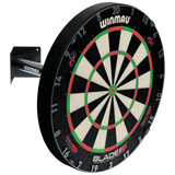 Angled view of dartboard mounted on telescopic wall corner bracket, showing sturdy bracket design for secure dartboard installation