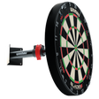 Angled view of telescopic dartboard wall bracket with mounted dartboard, showing red locking clamp and metal support for darts setup