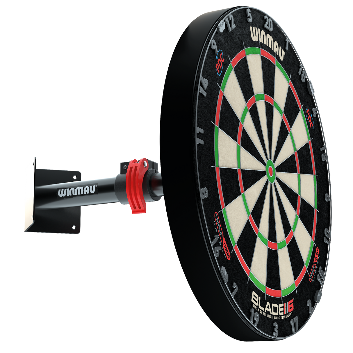 Angled view of telescopic dartboard wall bracket with mounted dartboard, showing red locking clamp and metal support for darts setup