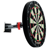 Angled view of telescopic dartboard wall bracket with mounted dartboard, showing red locking clamp and metal support for darts setup