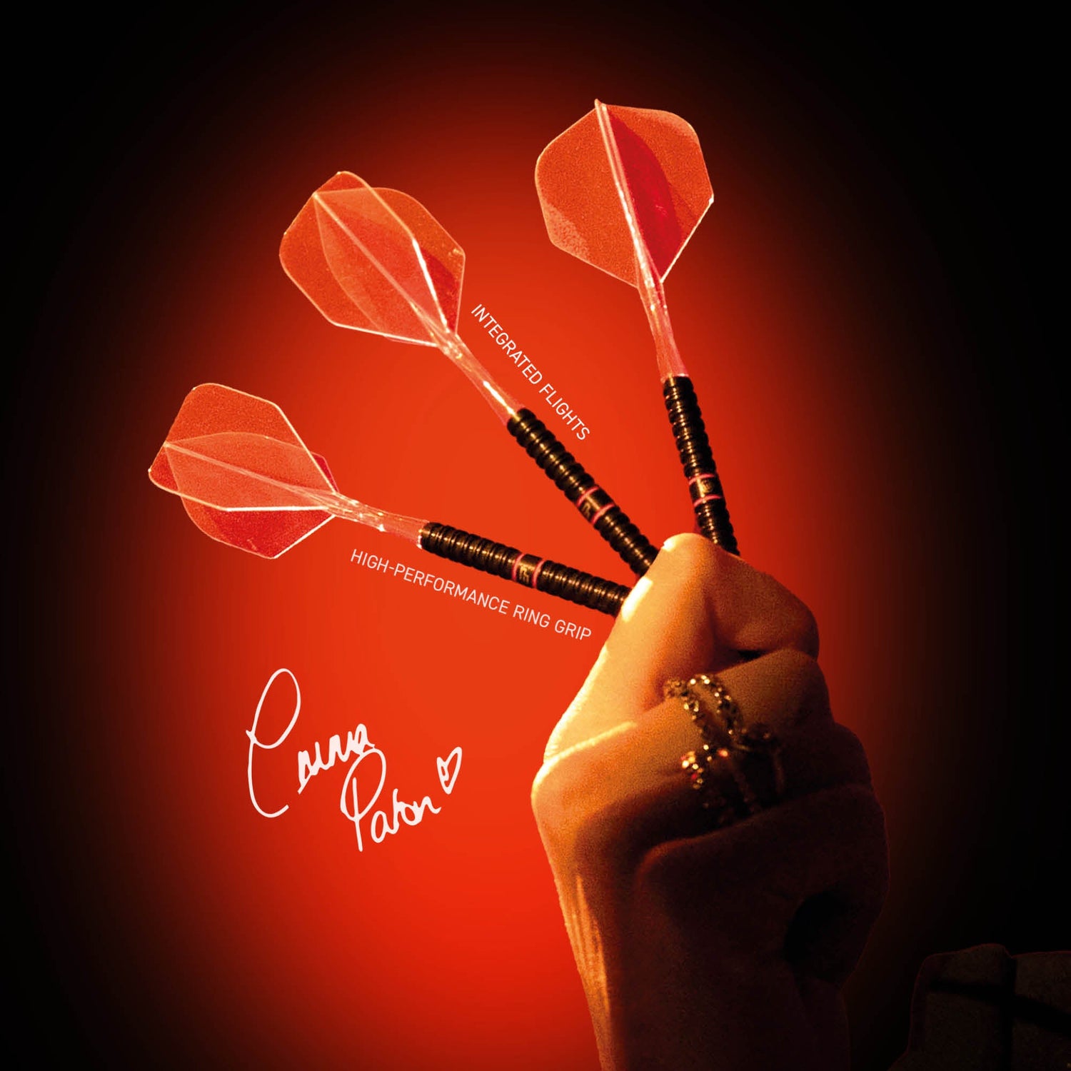 Three Emma Paton Edit darts held in the hand