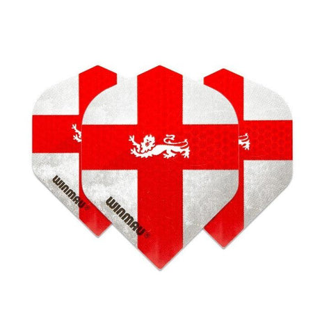 Three England flag dart flights in standard shape, arranged fanned out on white background, highlighting bold red cross and lion graphic.