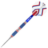 Tungsten dart with blue hexagonal grip, red accents, and patterned flight shown in full view on white background