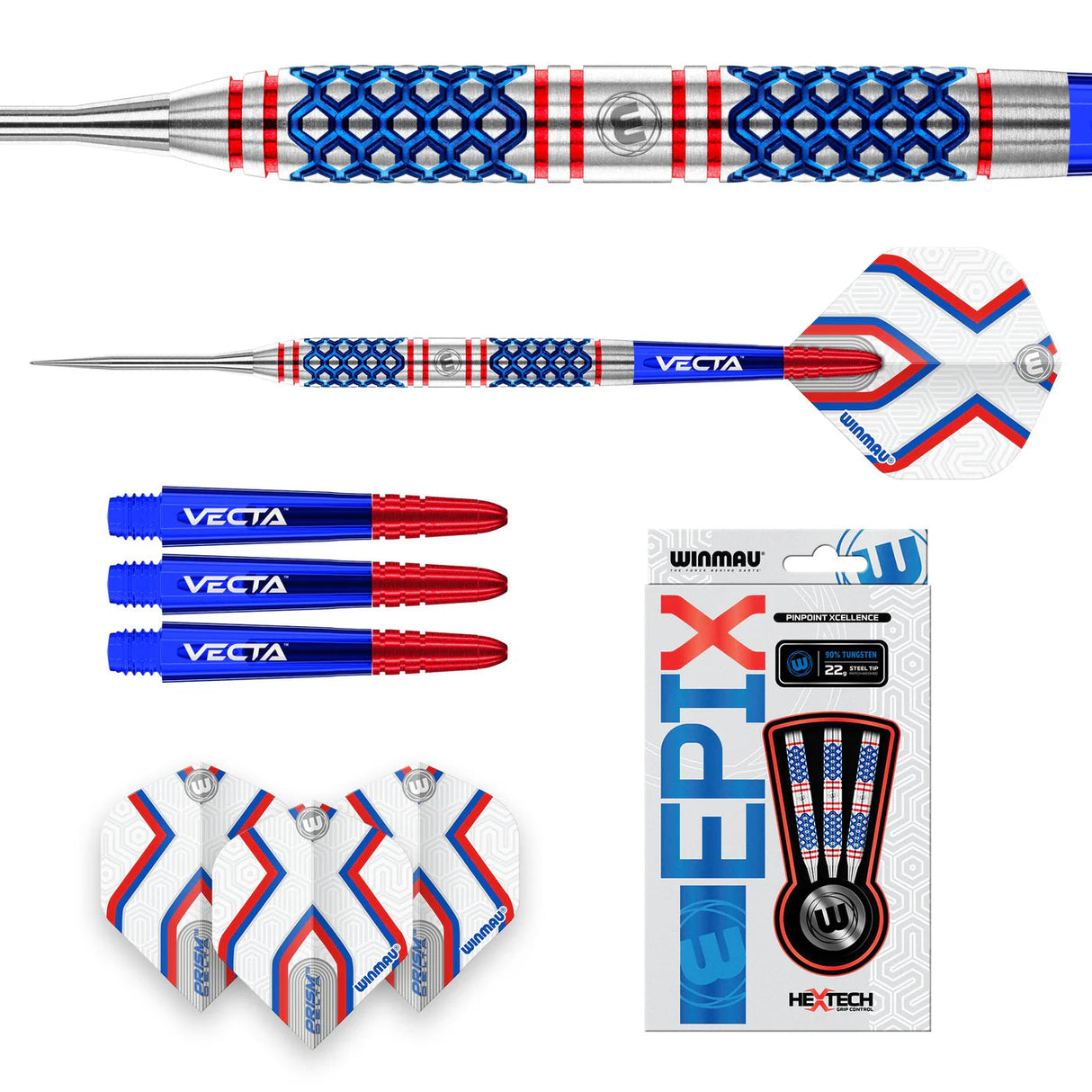 Epix 90% tungsten darts set with close-up hex grip barrel, full assembled dart, extra blue-red shafts, flights, and retail packaging on white