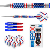 Epix 90% tungsten darts set with close-up hex grip barrel, full assembled dart, extra blue-red shafts, flights, and retail packaging on white