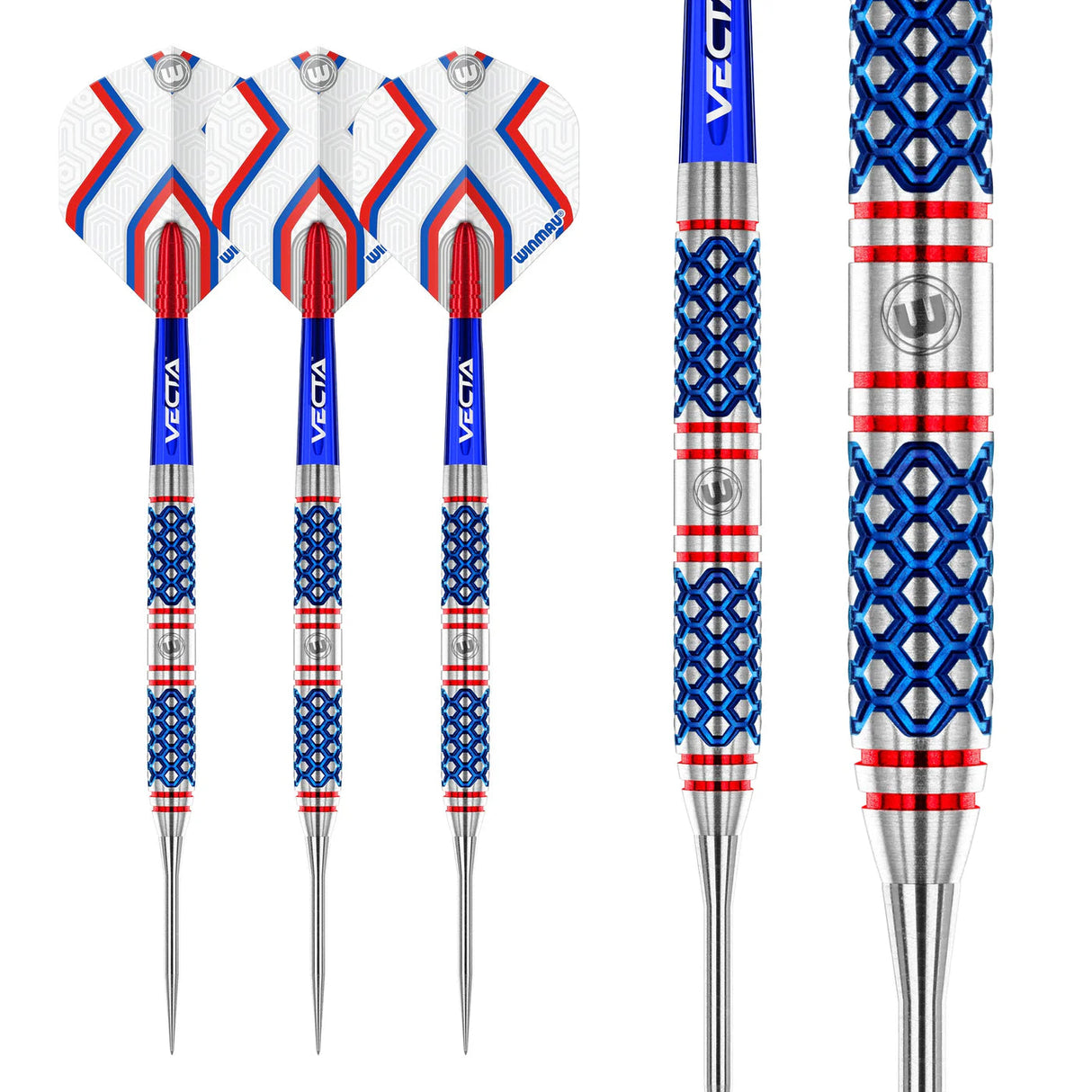 Three 90% tungsten darts with blue hexagonal grip, red rings, and close-up barrel detail on white background