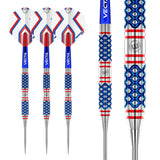 Three 90% tungsten darts with blue hexagonal grip, red rings, and close-up barrel detail on white background