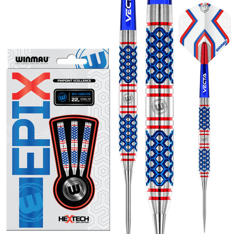 Steel tip tungsten darts with blue hexagonal grip, red accents, Vecta flights, and retail packaging display