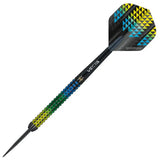Steel tip tungsten dart with multi-color textured grip and black flight featuring yellow and blue geometric pattern, isolated on white