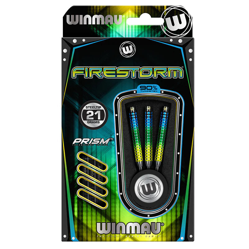 Three 90 percent tungsten steel tip darts in retail packaging with colorful barrel grips, 21 grams, Firestorm model