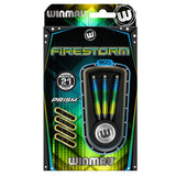 Three 90 percent tungsten steel tip darts in retail packaging with colorful barrel grips, 21 grams, Firestorm model