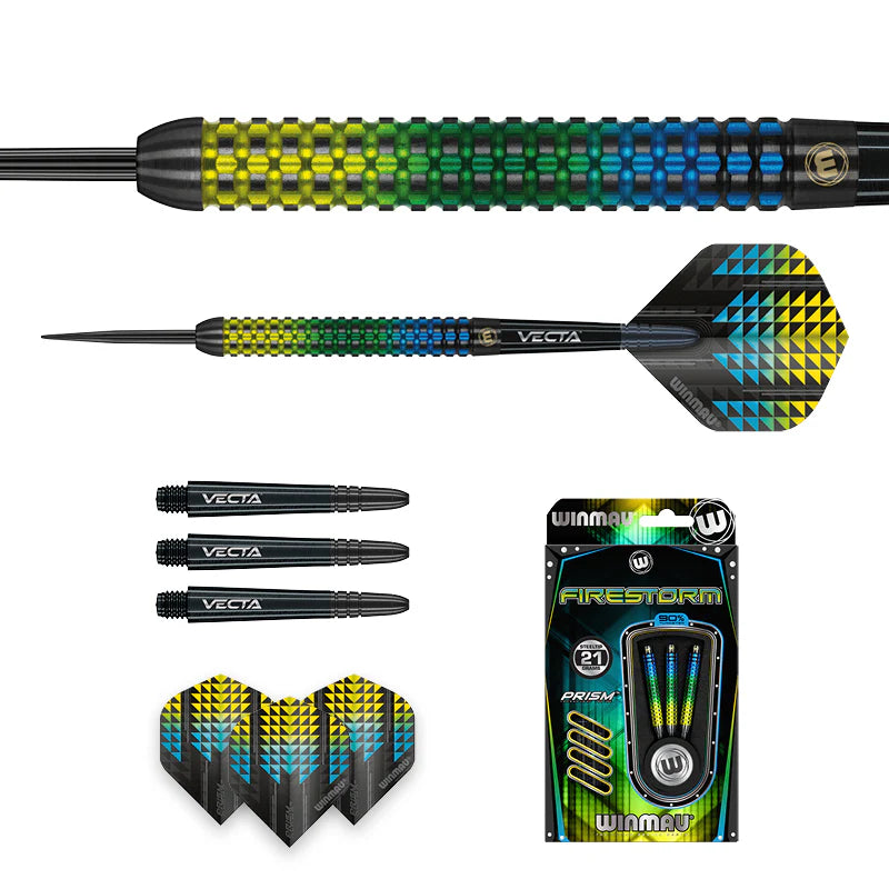 90% tungsten Firestorm darts set with color grip barrel, spare Vecta shafts, flights, and packaging displayed on white background