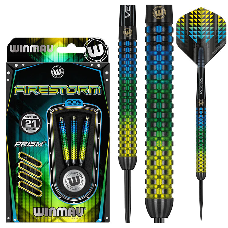 Firestorm 90% tungsten darts in retail packaging with steel tips, close-up of grip texture and vibrant blue-yellow-green barrel