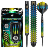 Firestorm 90% tungsten darts in retail packaging with steel tips, close-up of grip texture and vibrant blue-yellow-green barrel