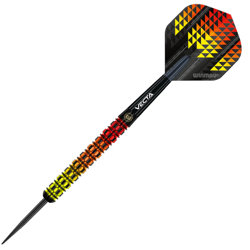 Full view tungsten dart with parallel barrel, knurled grip, flame-inspired flight, isolated on white for darts equipment buyers