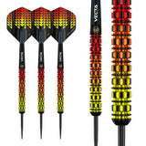 Three Firestorm Flame 1 parallel tungsten darts and close-up of knurled barrel grip, flame gradient colors, isolated on white.