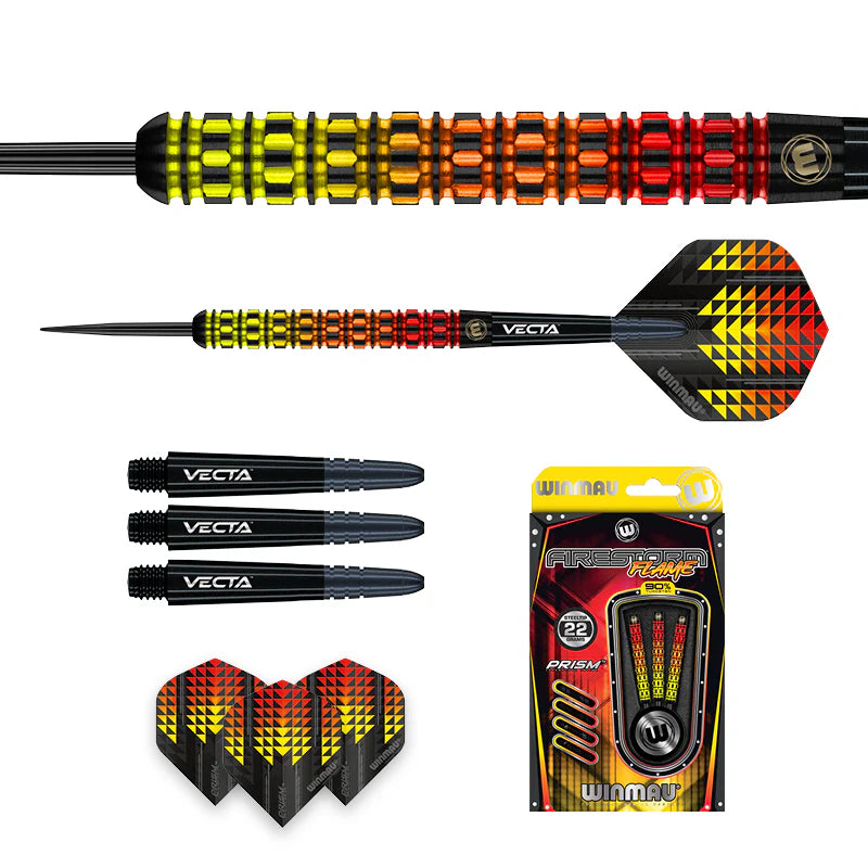 Firestorm Flame tungsten darts set with close-up color-gradient barrel, spare shafts, flights, and retail packaging on white background