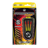 Steel tip darts set in retail packaging, 90% tungsten, parallel barrels with vivid flame grip pattern, includes shafts and accessories.