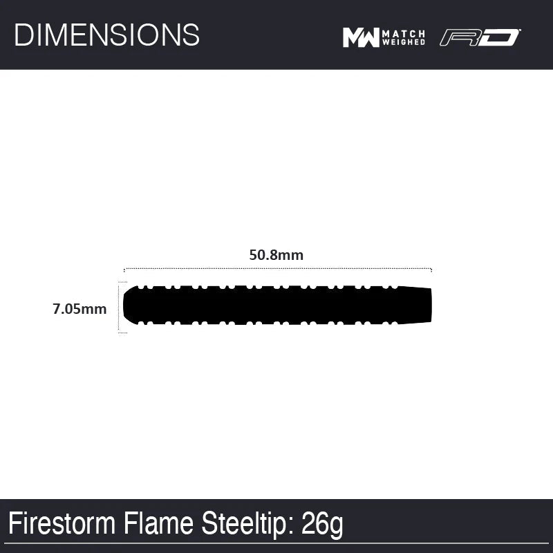 Dart barrel silhouette with length 50.8mm and diameter 7.05mm, top-down view highlighting Firestorm Flame 26g steel tip size