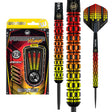 Firestorm Flame 1 parallel tungsten darts with vibrant flame barrel grip, steel tips, prism packaging, and serrated pattern detail