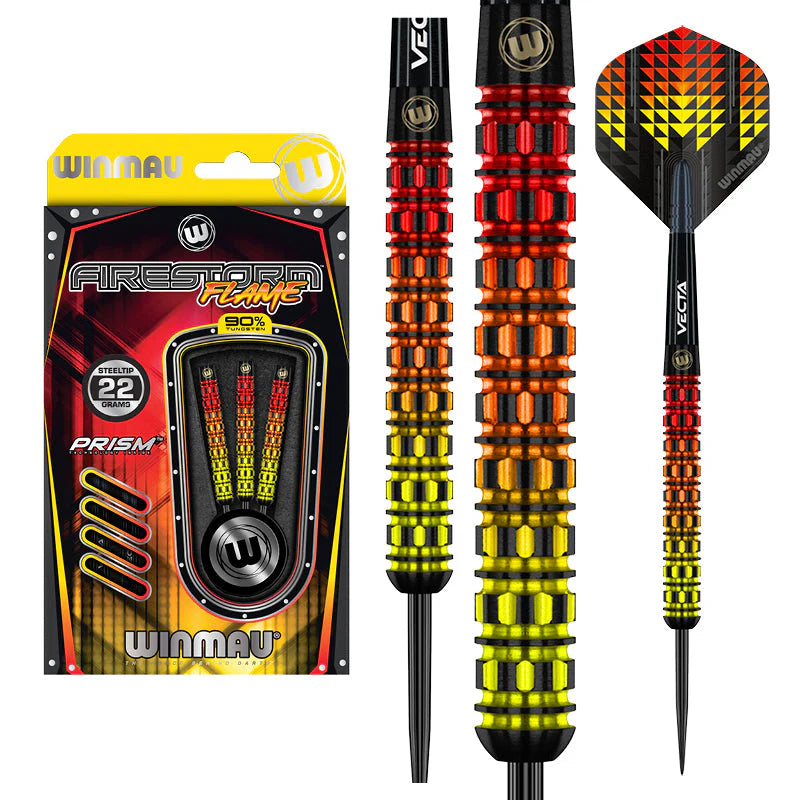 Firestorm Flame 1 parallel tungsten darts with vibrant flame barrel grip, steel tips, prism packaging, and serrated pattern detail