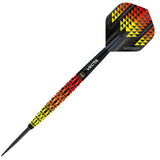 Single tungsten dart angled on white, featuring vibrant flame gradient barrel grip and geometric flight design