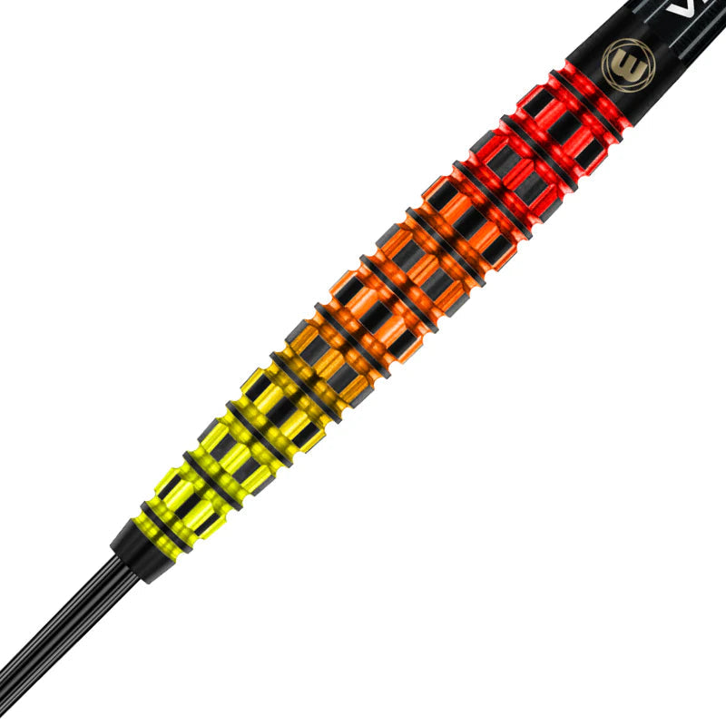 Close-up of Firestorm Flame 2 tungsten dart barrel showing vibrant flame-colored grooved grip on white background