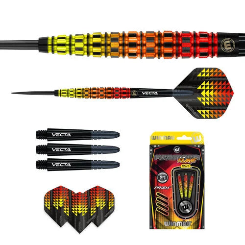 Firestorm Flame 2 tungsten darts set with close-up barrel grip, flights, Vecta shafts, and retail packaging arranged on white