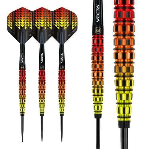 Three 90% tungsten darts with fire gradient flights and a close-up of precision-grooved barrel grip texture for improved throw control
