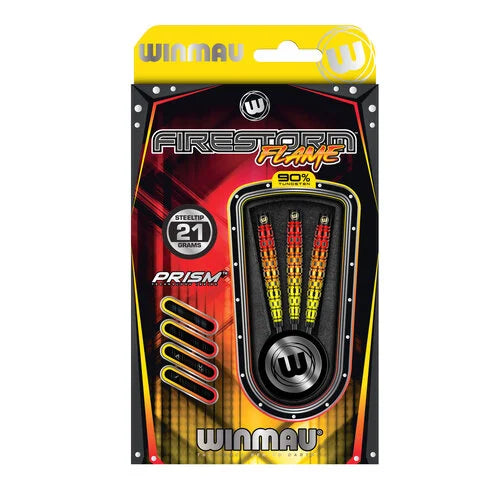 Steel tip darts set in retail packaging showing 90% tungsten flame barrel design and spare flights for dart players