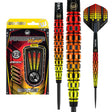 Firestorm Flame 2 90% tungsten darts in packaging and close-up on grip rings, steel tip, and geometric flights, isolated on white background