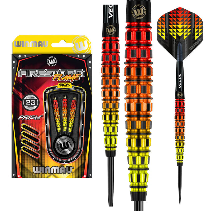 Firestorm Flame 2 90% tungsten darts in packaging and close-up on grip rings, steel tip, and geometric flights, isolated on white background